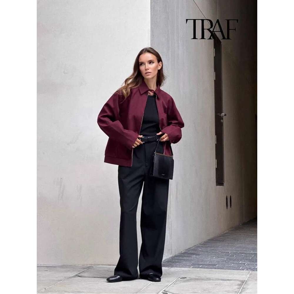 Designer Clothes TRAF Women's Fashion Bordeaux Red Zipper Vintage Bury Lapel Long Sleeve Casual Loose Street Commuter Jacket