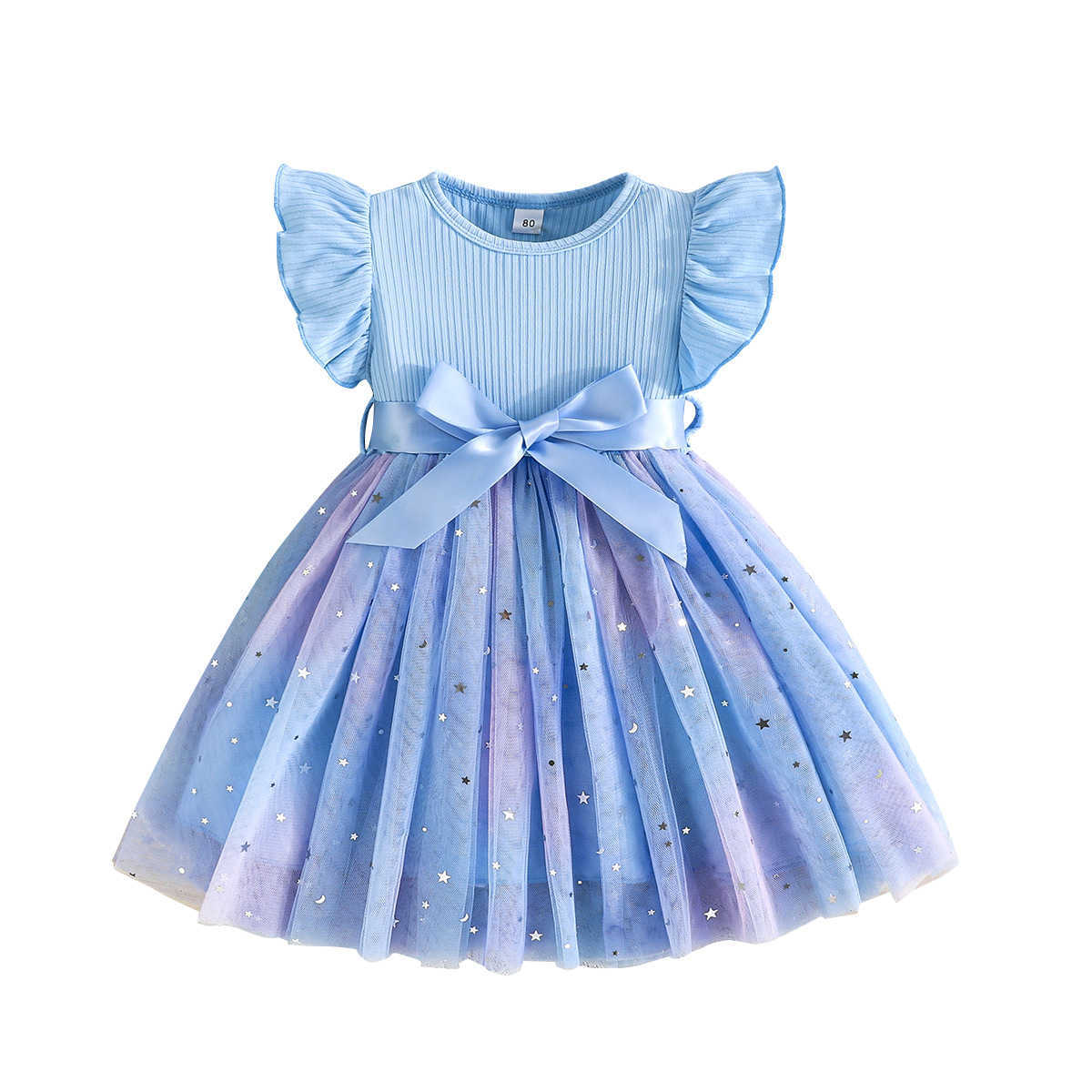 2025 Ins Sweet Beauty Childrens Flying Sleeve Butterfly Knot Mesh Summer Dress Y250423fqir