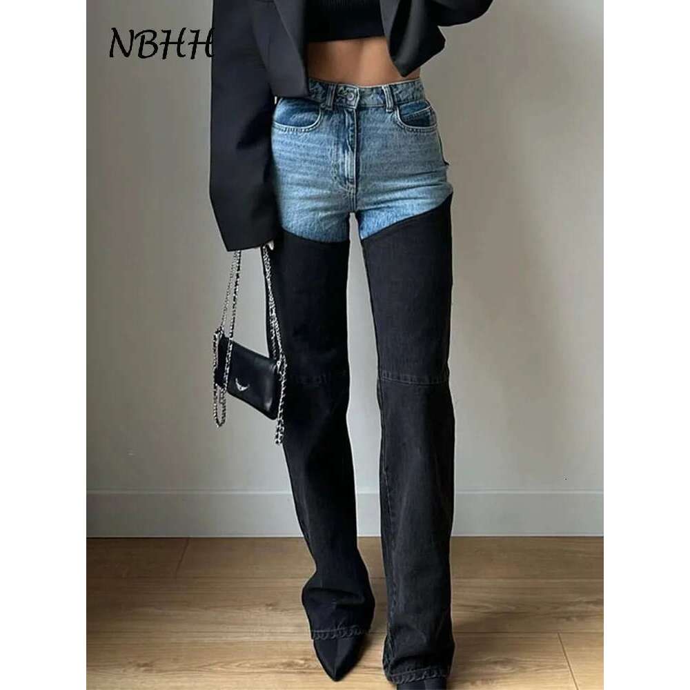 Fashion Y2k Patchwork Jeans For Women High Waist Zippers Button Pocket Straight Denim Pants 2025 Spring Summer Trousers Street