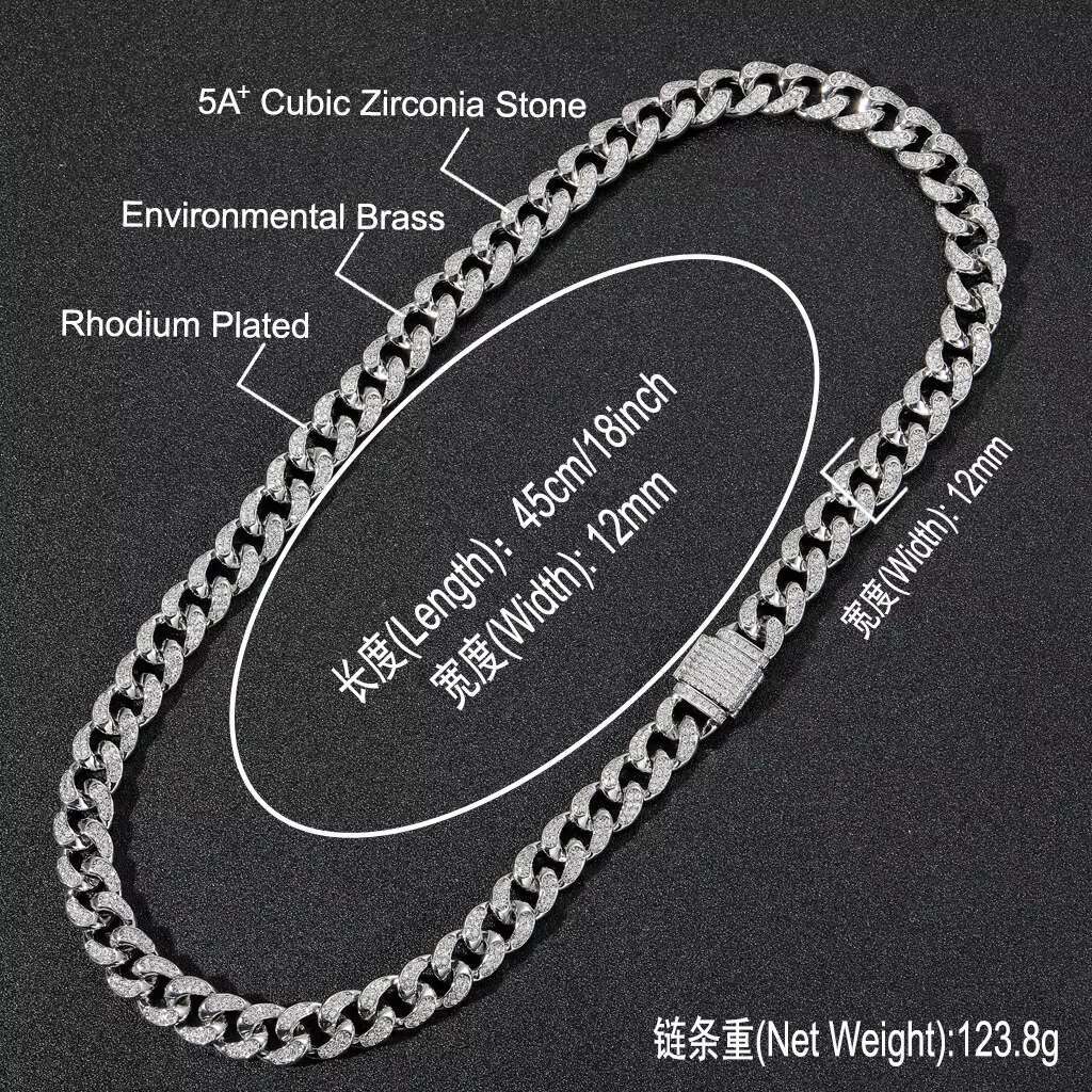 12MM Hot Selling Hip Hop Real Gold Chain Necklace Iced Out Miami Diamond CZ Miami Cuban Link Chain Necklace Set for Mens Jewelry