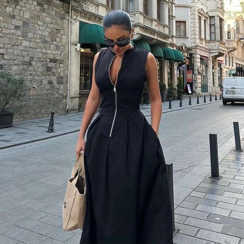 Designer Clothes Y2k Sleeveless Spliced Zipper Maxi Dress Elegant V-Neck High Waist Slim Pleated Long Dresses Summer Office Lady Street Robes