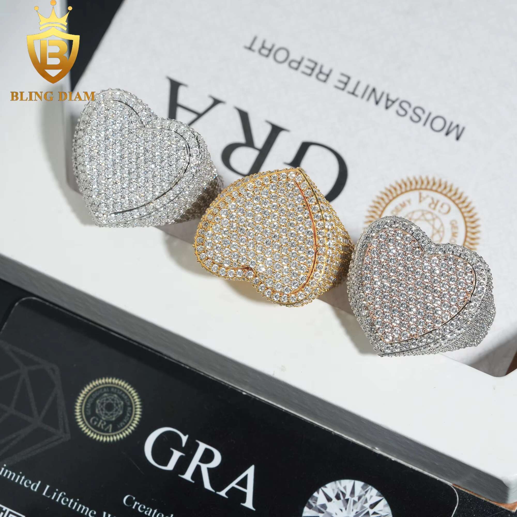 Hip Hop Style Jewelry Mens Ring Fully Diamond VVS Moissanite Iced Out 925 Solid Silver Heart Rings