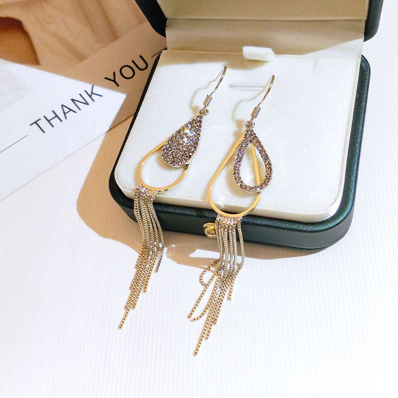 Temperament long style full dia tassel Korean internet celebrity temperament women's sier needles personality exaggerated design earrings