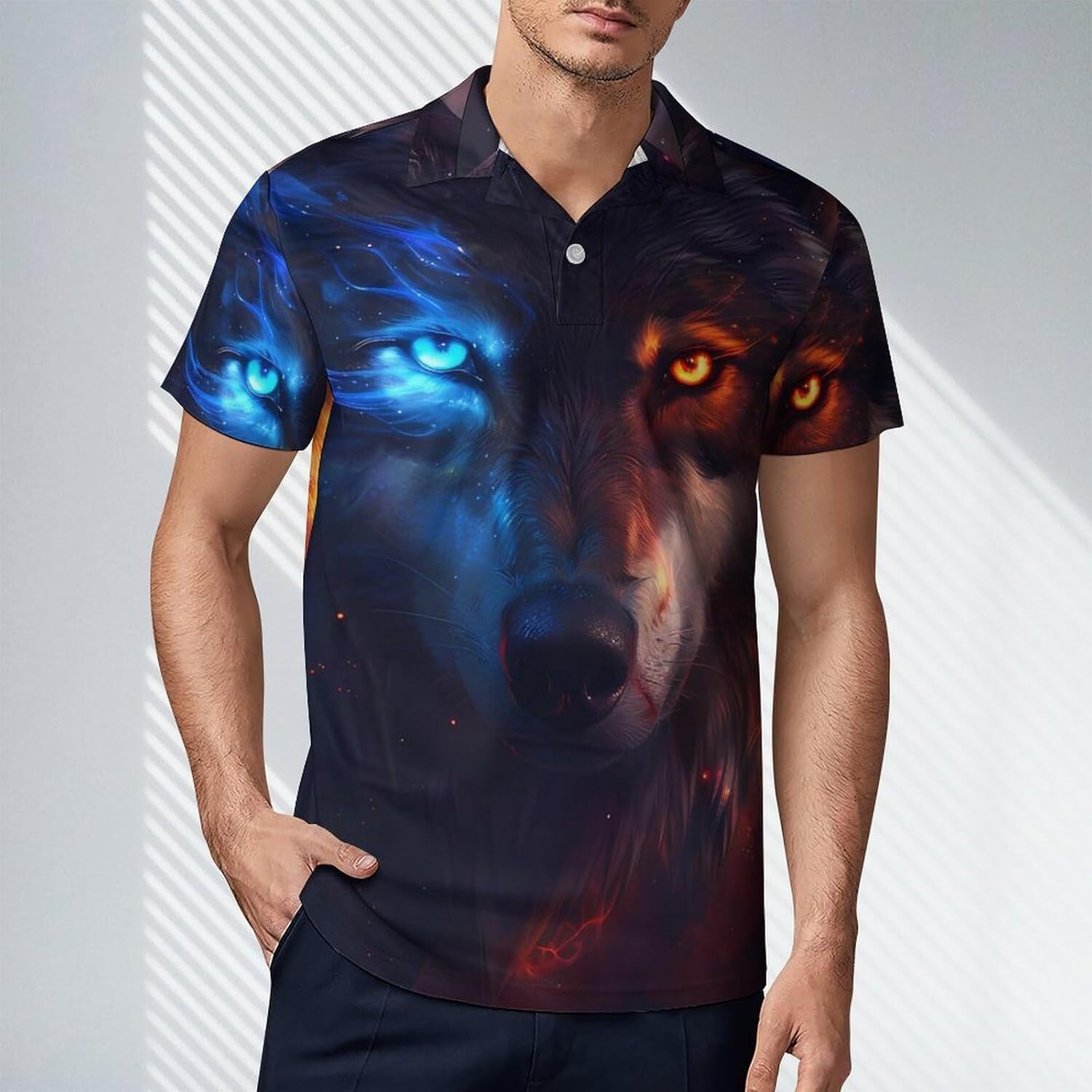 Mens Polo shirt Wolf with Blue And Orange Eyes Print Polo Shirts for Men Golf Shirt Casual Short Sleeve Tops Slim