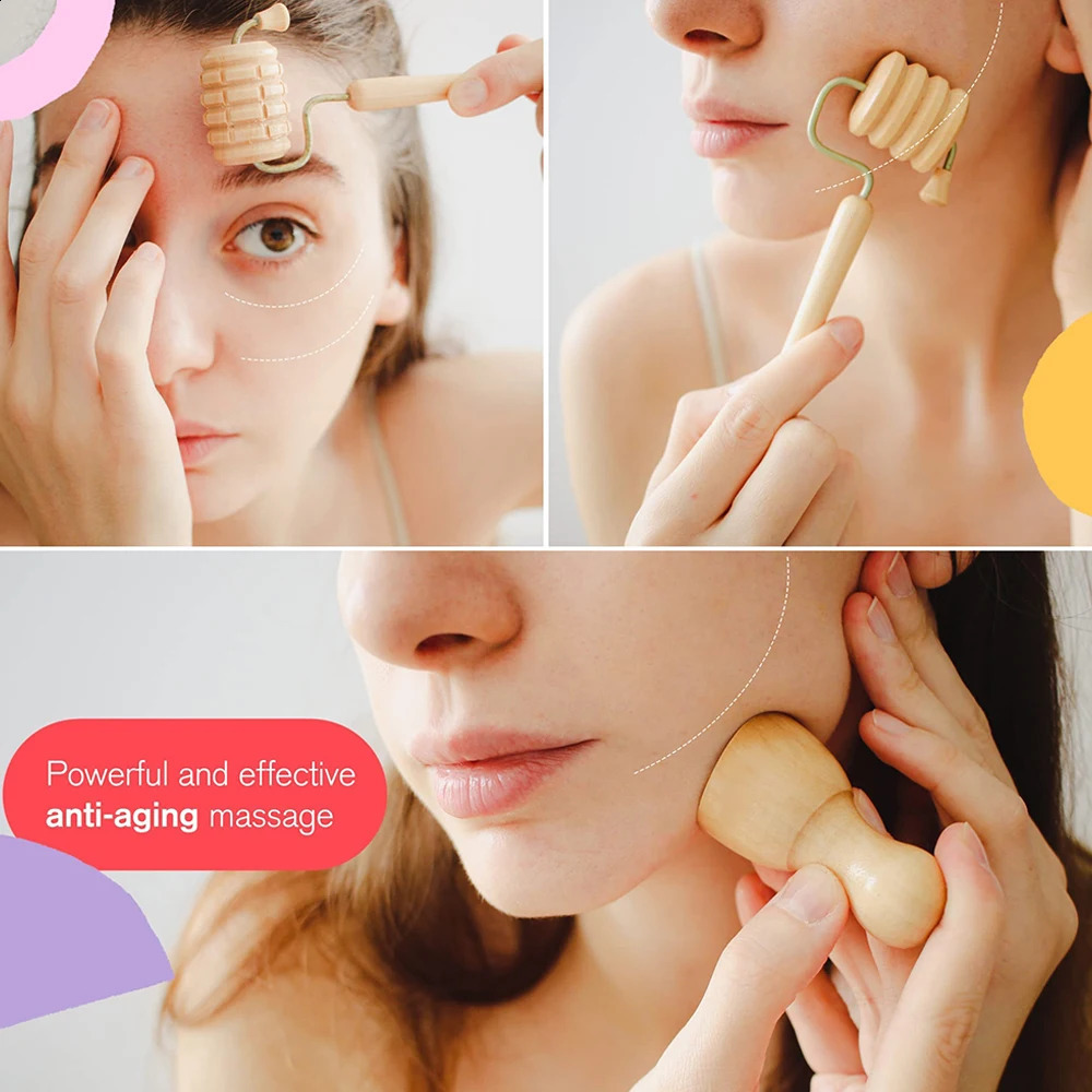 Face Massage Roller Wooden Facial Madero Wood Massage Kit Anti-Cellulite Facial Wrinkle Remover 250423
