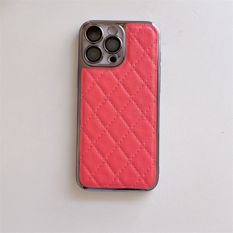 Electroplated Edge Diamond Grid Phone Case Compatible with iPhone 17 Pro Max Solid Color Faux Leather Case iPhone 16/15