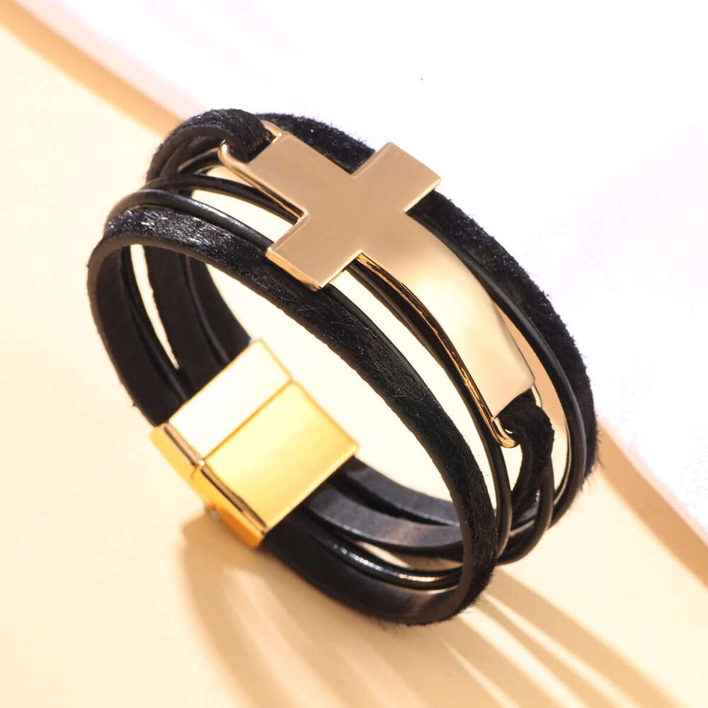 Hot selling Multi layer Leather Wide Edge Personalized Cross Couple Handpiece Magnetic Buckle Bracelet