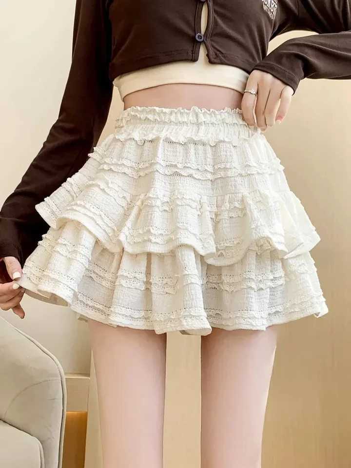 Gidyq Cute Lace Mini Skirt Womens Kawaii White Ruffle Fold Skirt Summer Korean High Waist Black Casual A-line Skirt M250424