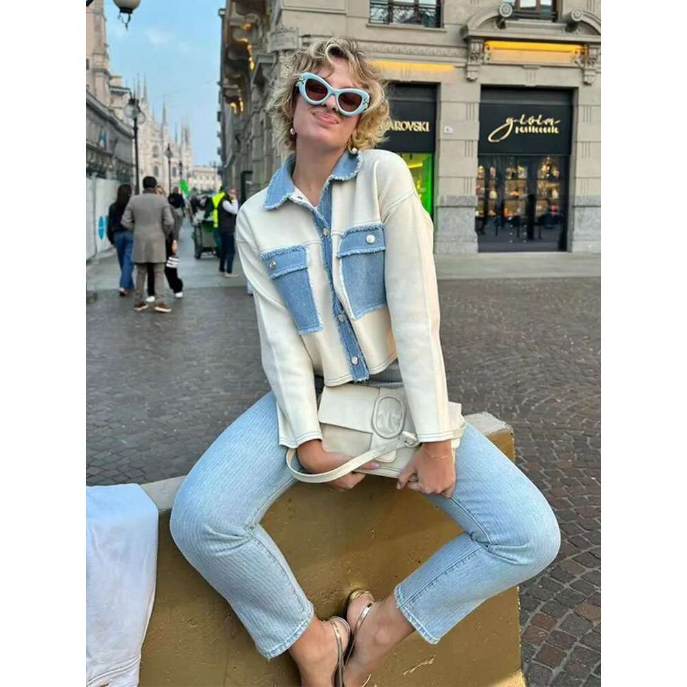 Y2k Women Patchwork Jacket Coat Lapel Long Sleeves Jeans With Packets Spring Casual Lady Denim Coats Designer Outwear Top