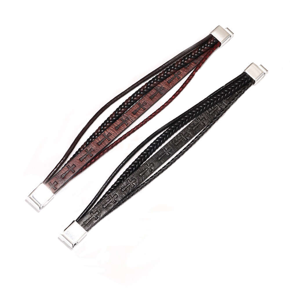 Hot selling fashion bracelets, men's handmade woven cross, leather bracelet, alloy magnetic buckle bracelet