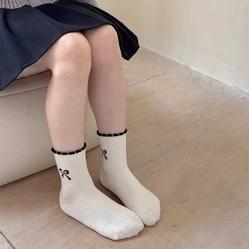 4Pairs Embroidery Bow Socks 3-14Year Girls Polka Dot Stockings Spring Autumn Children Middle Tube Sock Baby Kids Cotton Footwear G251124