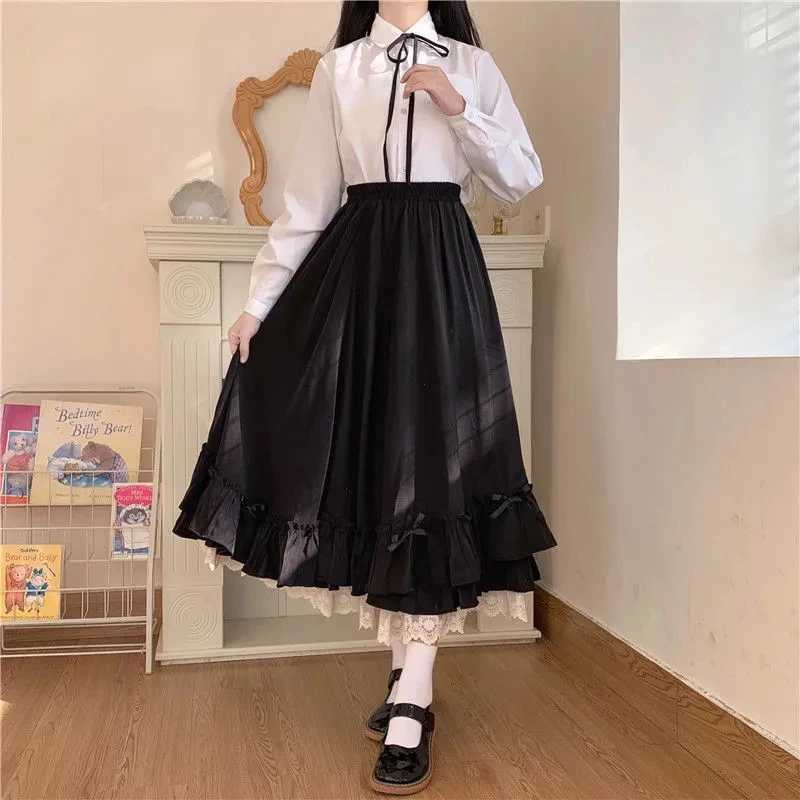 Japanese solid color double-layer retro French pleated A-line pleated skiing Hepburn black half skirt womens white long skirt M250424