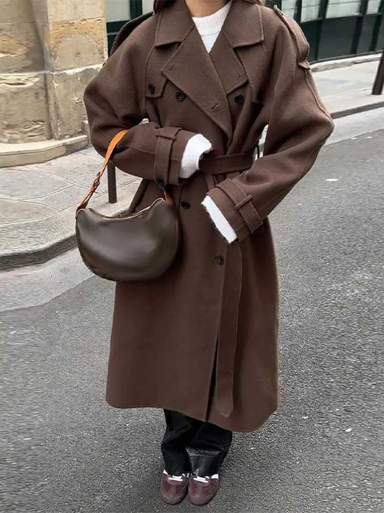 Woolen Breasted Long Coat Women Lapel Double Breasted Casual Pocket Chic Elegant Outwear Autumn Winter Street Lady Overcoat J251124