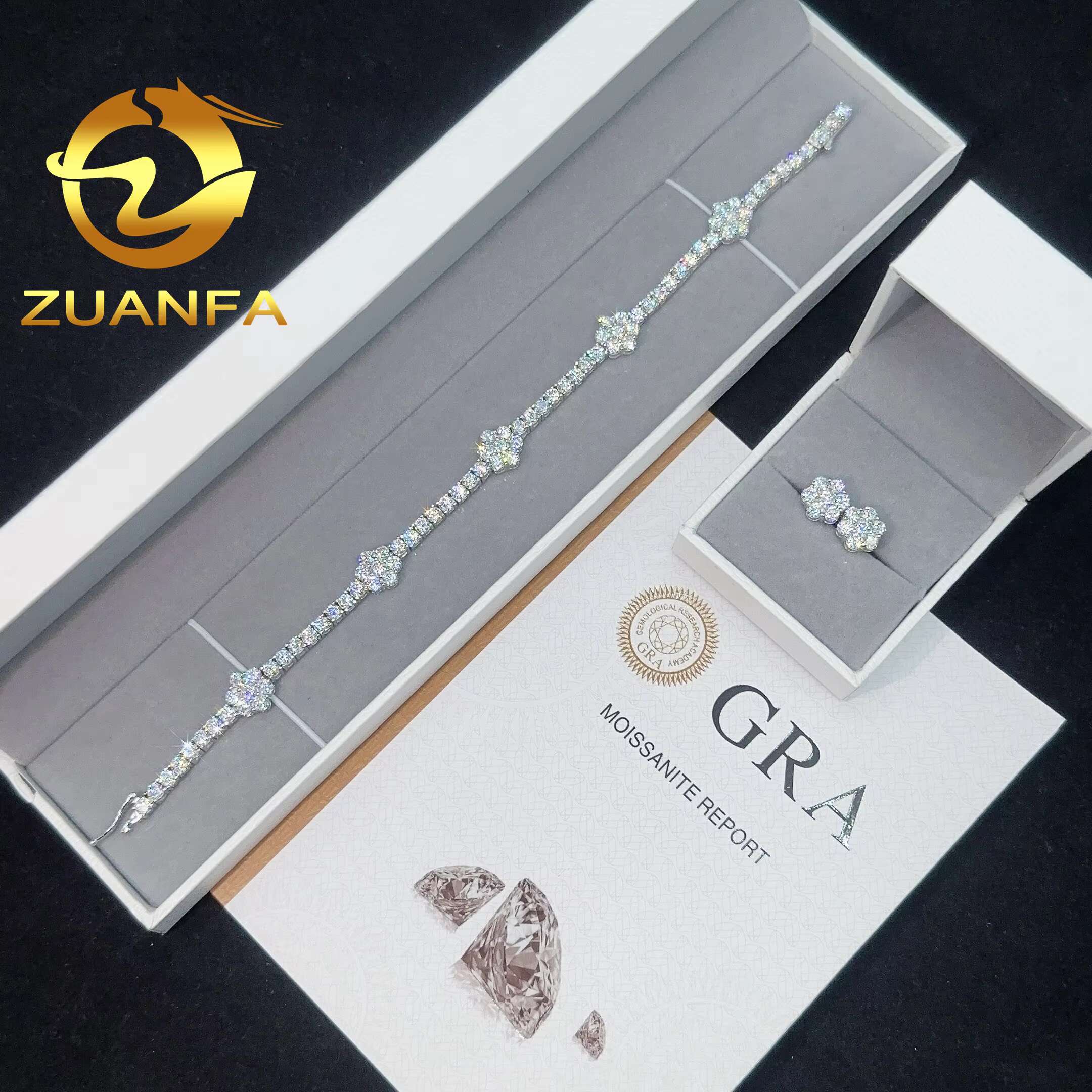 New Flower 3mm Moissanite Tennis Chain Bracelet With Stud Earrings Set 925 Silver Hip Hop Bracelet Tennis Bracelet Pass test