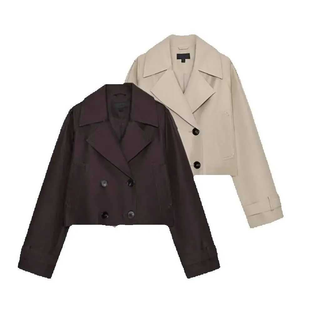 Spring and Autumn new womens clothing British style double breasted lapel double breasted short windbreaker jacket J251124