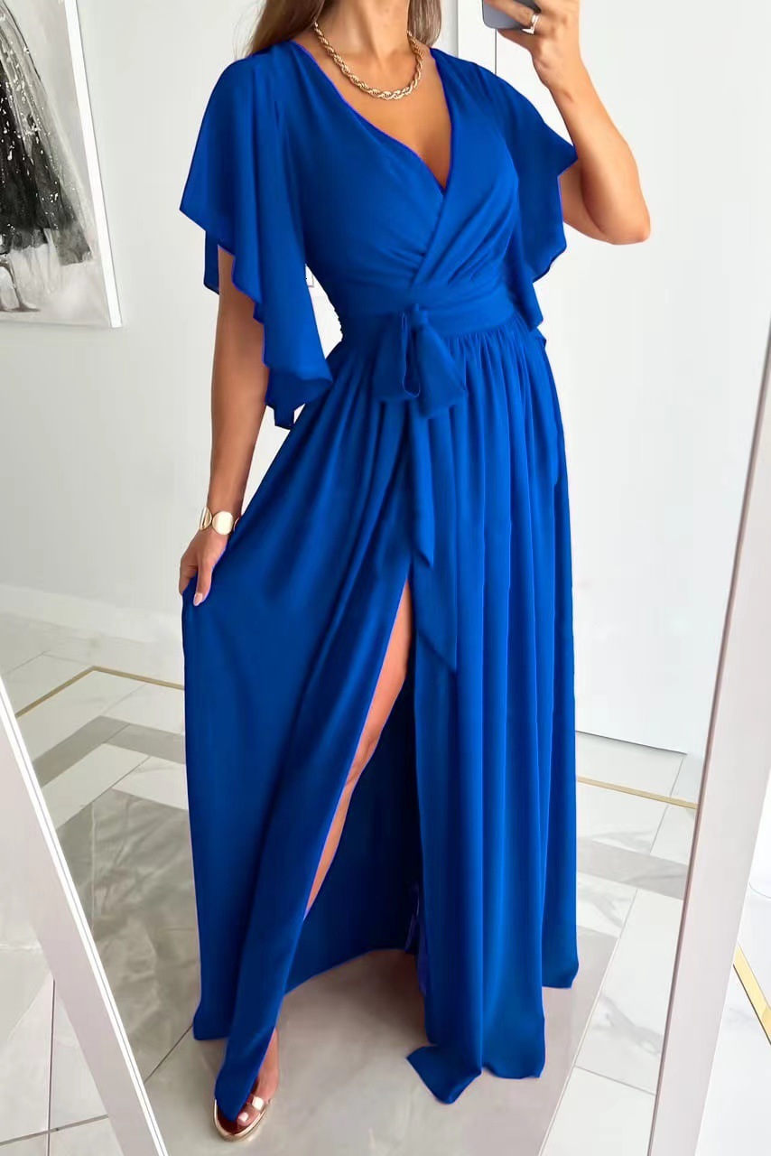 Autumn 2022 solid color flare sleeve loose V-neck floor dress womens wear