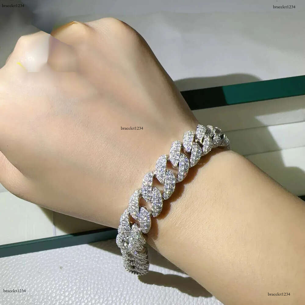 12mm Width Fashion Wholesale Price Sterg S Sier Iced Out Vvs Moissanite Dia Fine Hip Hop Jewelry Cuban k Chain Bracelet Men for Women