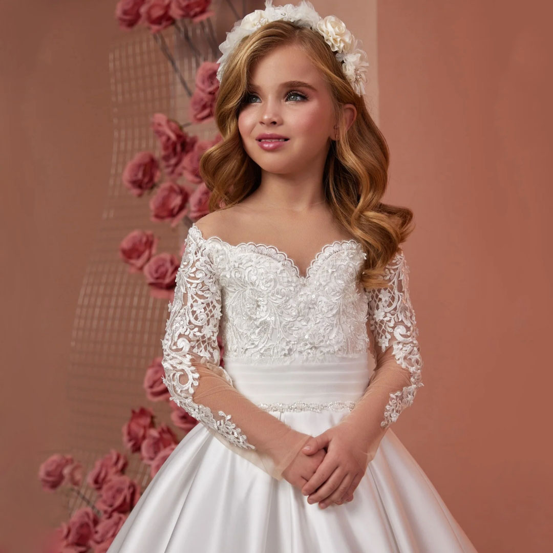 Princess Ivory White Flower Girl Dress Satin Lace Floral Appliques Long Sleeve For Wedding Birthday Party Prom Pageant Gowns Kids Formal Occasion Robe