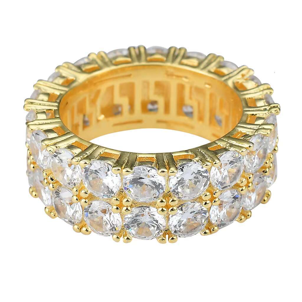 Hip Hop 2 Rows CZ 14K Gold Plated Diamond Rings Couple Set Round Cut Iced Out Cubic Zirconia Stone Luxury Wedding Rings for Men