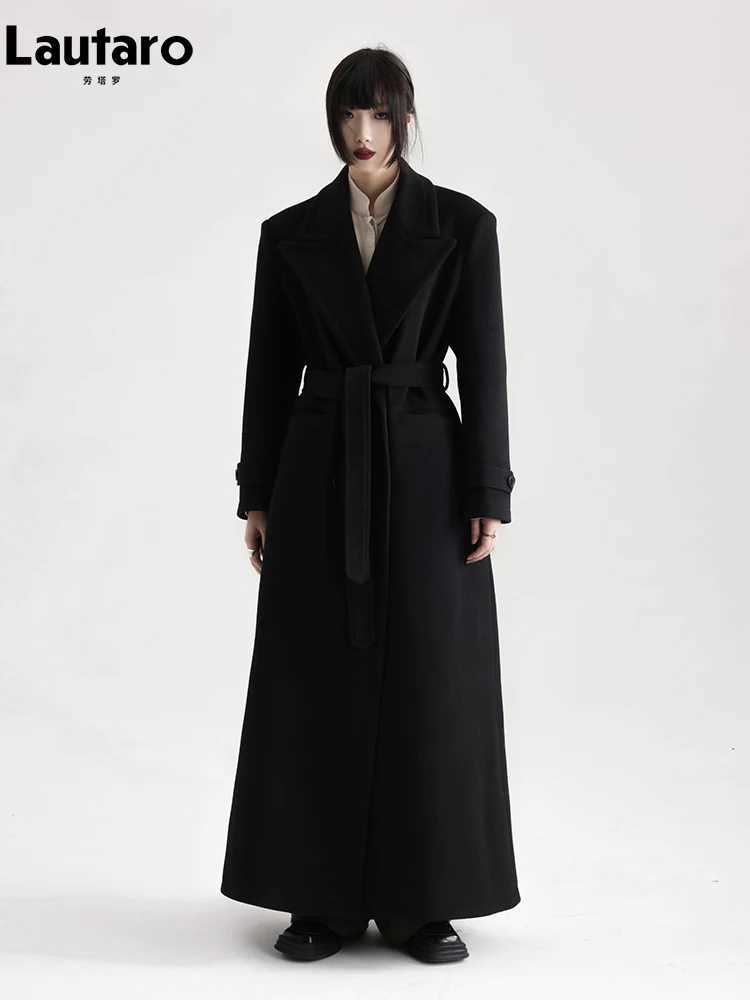 Lautaro Winter Luxury Extra Long Black Warm Soft Wool blends Coat for Women High Quality Loose Casual Woolen Overcoat 2024 J251124