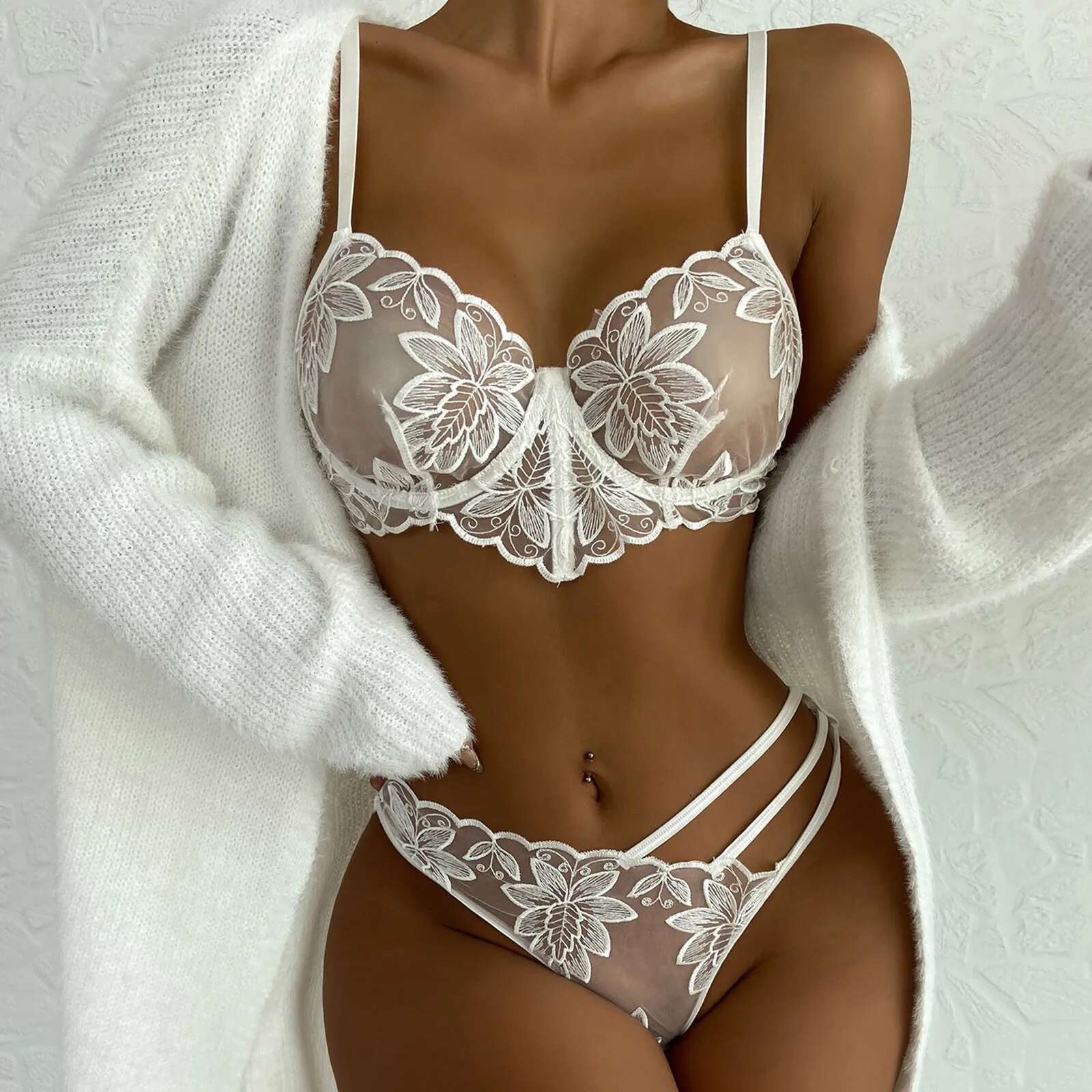 Dongdumaoyi Women Embroidered Lace Gerie Ladies Transparent Bra Set Sexy Porno Solid Babydoll Underwear Women S Tight Underwear