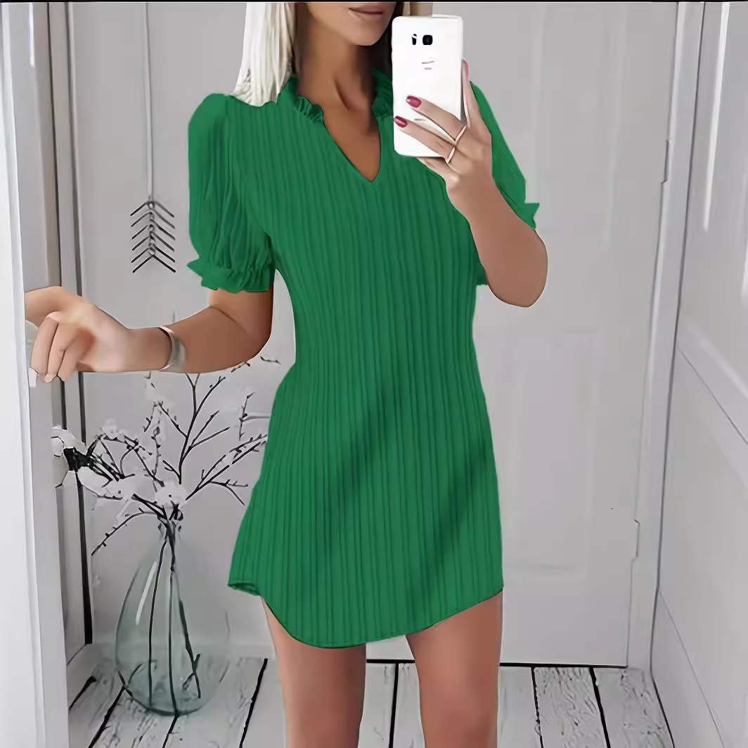 2023 Autumn New Fashion Solid Color V-neck Ruffle Edge Dress for Women