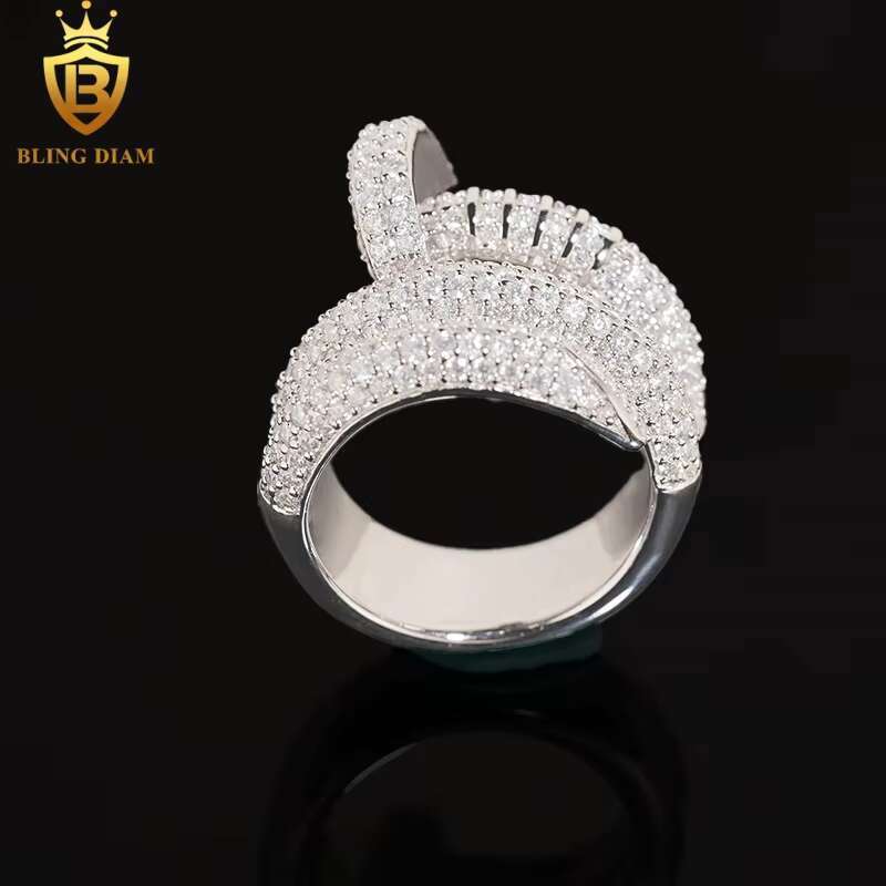 Blingdaim Jewelry Ring 925 Silver VVS Moissanite Fully Diamond Ice Out Hip Hop Mens Bent Nail Rings