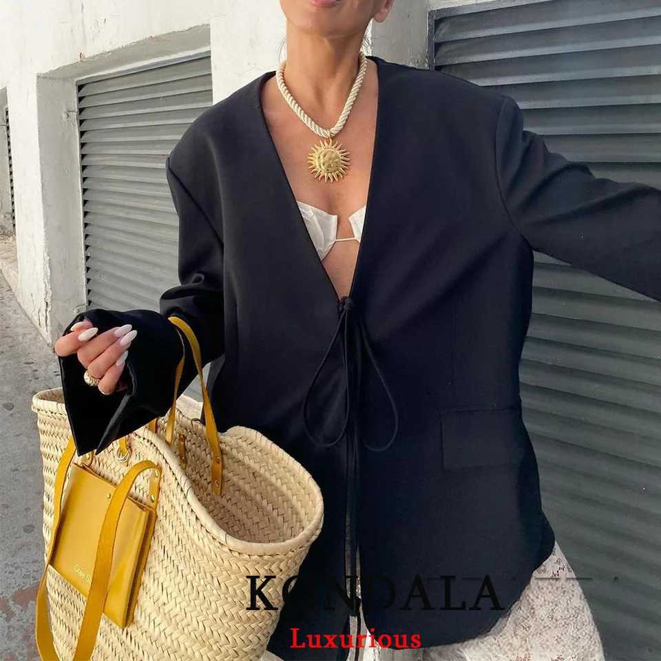 KONDALA Casual Oversized Black Blazer Women V Neck Bow Tie Pockets Loose Jackets Fashion 2025 Fall Streetwear Women Outwears J251124