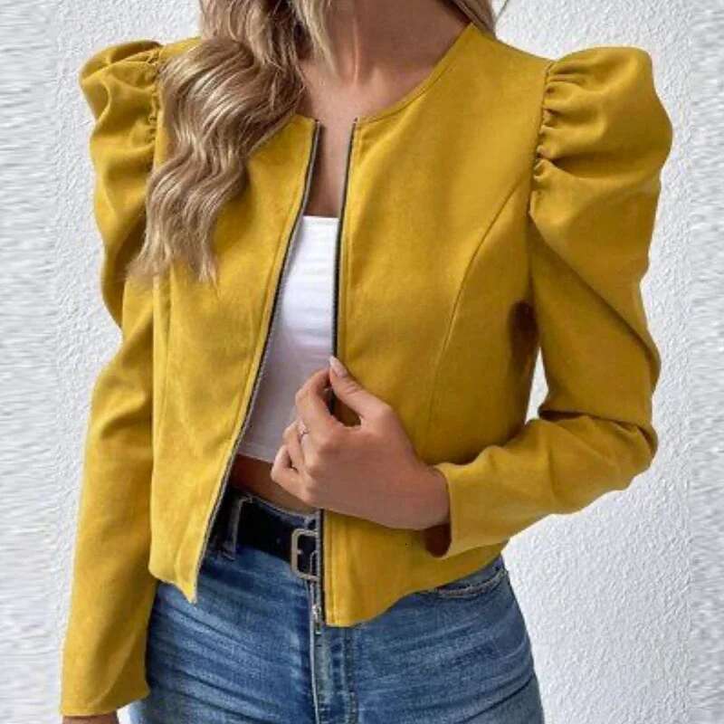 Fashion Short For Elegant Puff Sleeve Coat Jackets With Zipper Outerwear Black Jacket Women