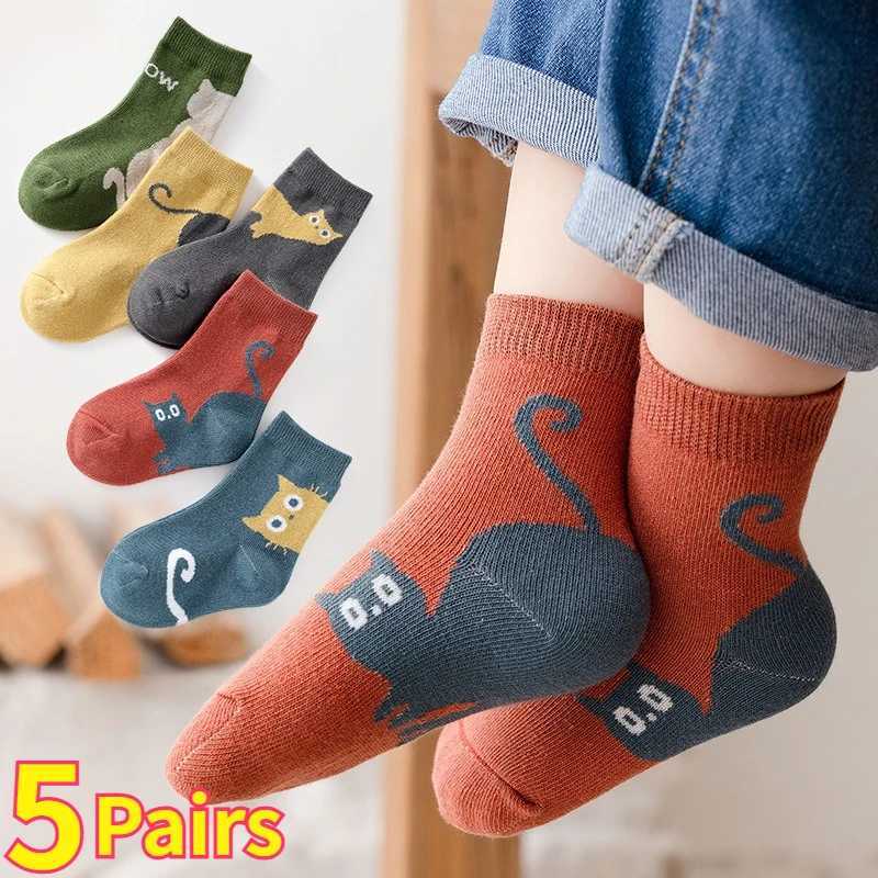 5 Pairs Kids SOCKS Autumn Winter Middle Tube Sock Cat Pattern Comfortable Breathable CHIldren SOCKS For Boys Girls G251124
