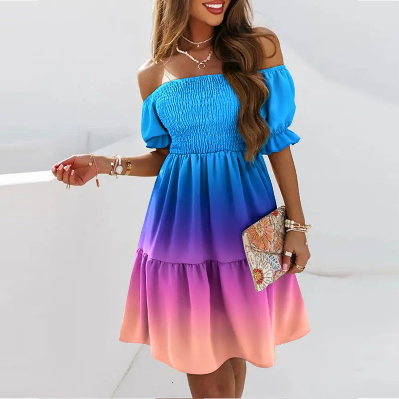 New Short Sleeve One Piece Collar Waist Fold Printed Dress Fashionable and Fresh