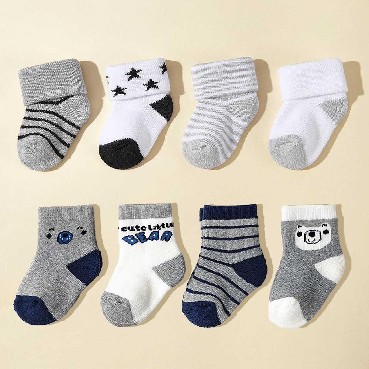 4Pairs Winter Warm Baby Terry SOCKS Bear Kids Middle Tube Sock Fashion Stripe Thicken Plush SOCKS 0-1Year Kids Footwear G251124