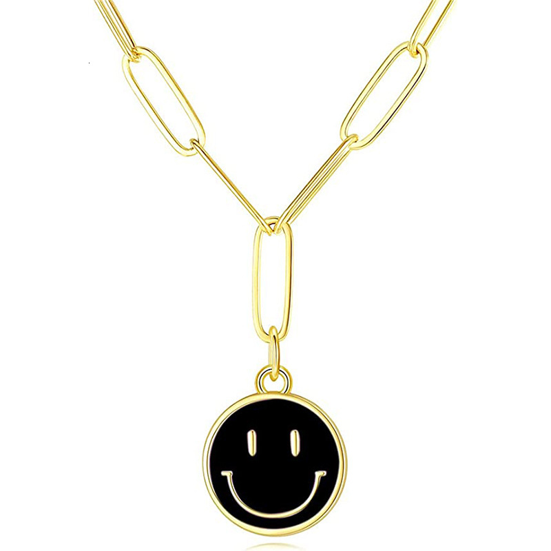 Top Source Gold Stainless Steel Rectangular Chain Colorful Smiling Face Pendant Women's Necklace Jewelry
