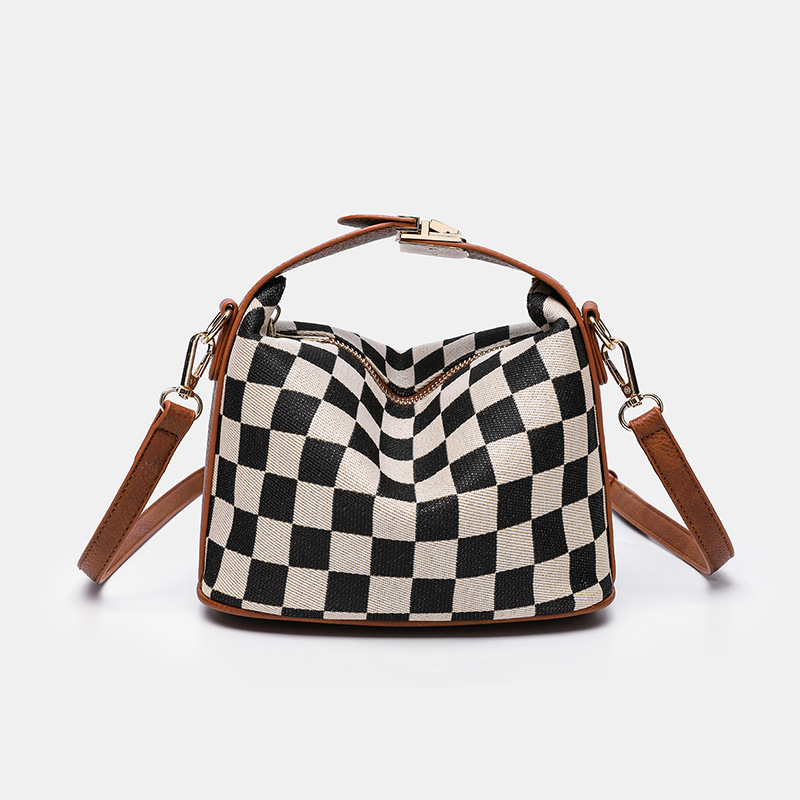 checkerboard lunch box bag with niche design, simple retro handbag, single shoulder crossbody small square bag