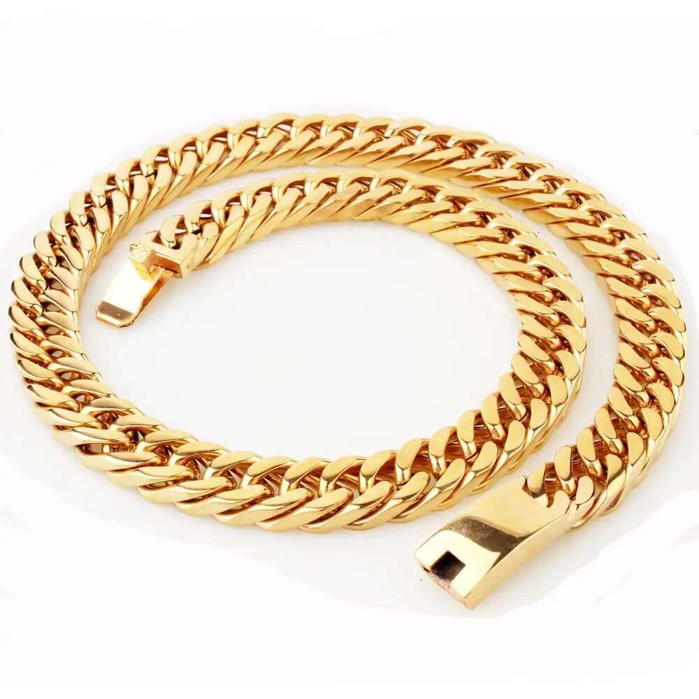 Granny Chic 15mm 7-40inch Gold Color Firm Strong 316L Stainless Steel Jewelry Curb Cuban Link Chain Choker Mens Necklace