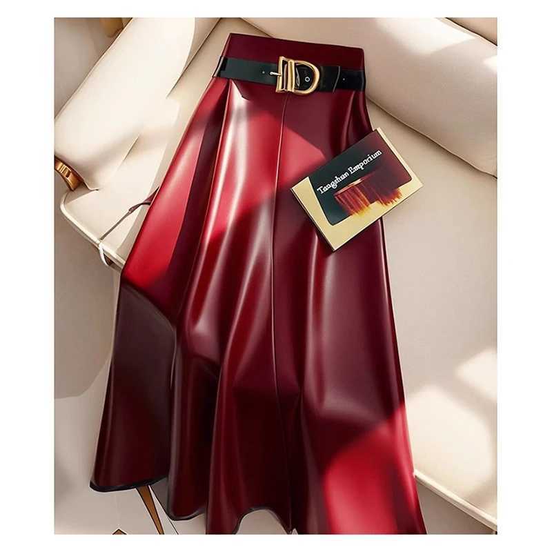 High end goddess style high-end red PU womens skiing new leather midi skiing medium length umbrella skiing M250424