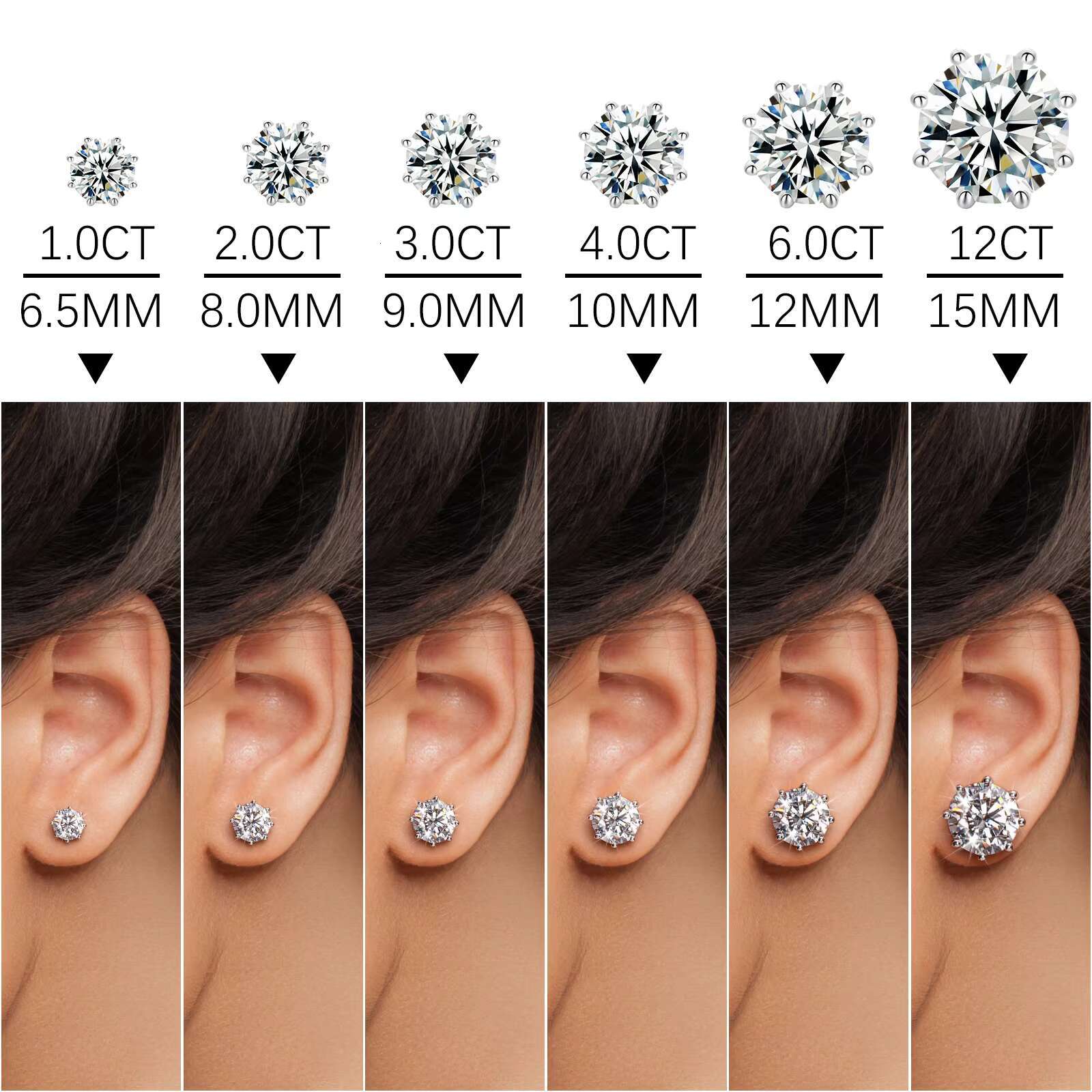 Pass Dia Tester 12ct VVS Earrings 8 Prong Sterling Sier Lab Moissanite Big Ear Stud Jewelry Men Women