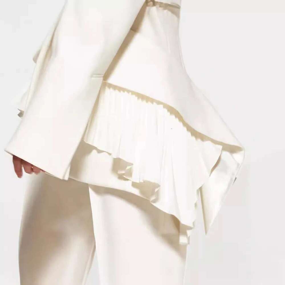 2025 Spring Autumn Blazer White Tailored Ruffled Suit Office Jacket With Hem Pleats For Women Single Buttoned Long Sleeve