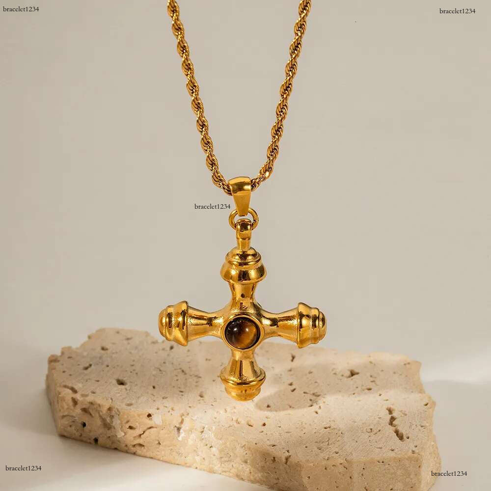 Designer Trend Gold Stainless Steel Cross Pendant Necklace for Women with Tiger Eyes That Do Not Fade Fashionable Jewelry Wholesale