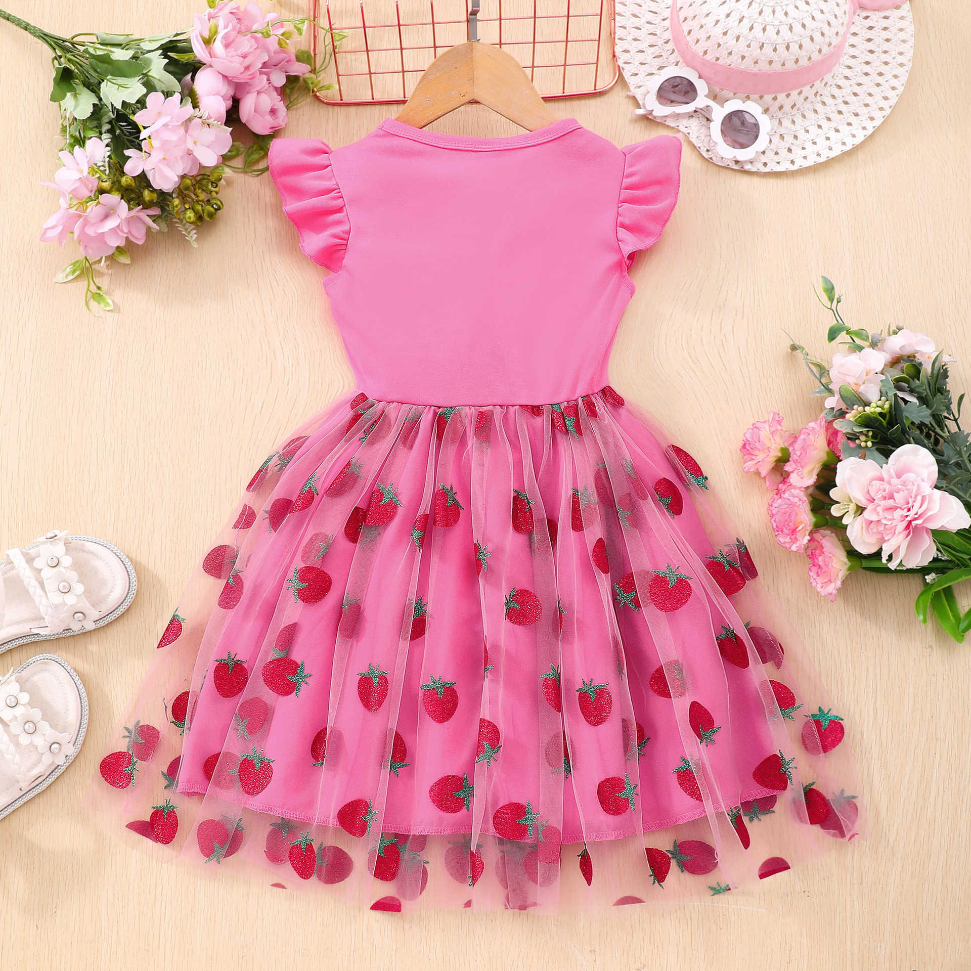 New Summer Flying Sleeve Printed Mesh Dress for Girls Y250423i1dg