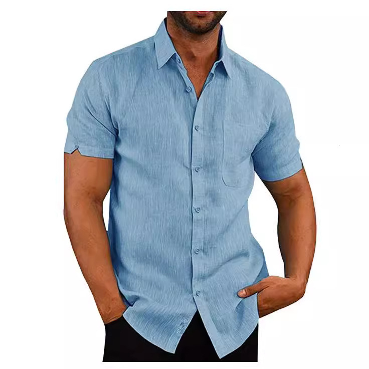 Summer 2019 Lapel solid short sleeve button mens Linen Shirt Mens wear