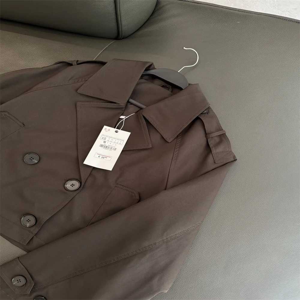 Spring and Autumn new womens clothing British style double breasted lapel double breasted short windbreaker jacket J251124