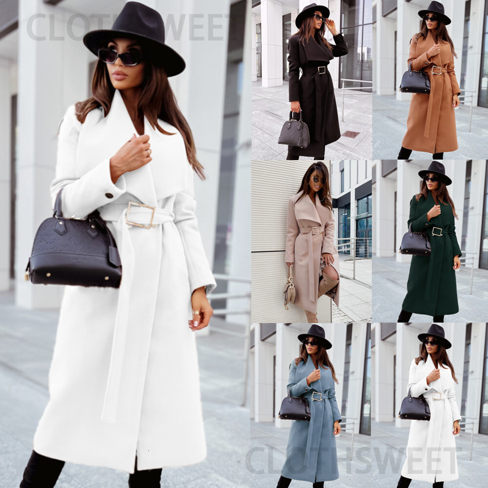 Autumn and winter 2022 simple long sleeve button V-neck strap woolen coat for women