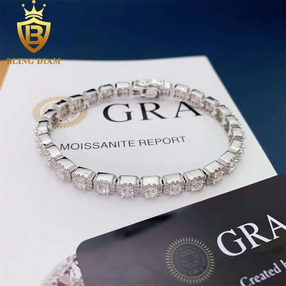 Fashion Jewelry 925 Sterling Silver VVS Moissanite Hip Hop Cluster Tennis Chain Iced Out 6mm Bracelet