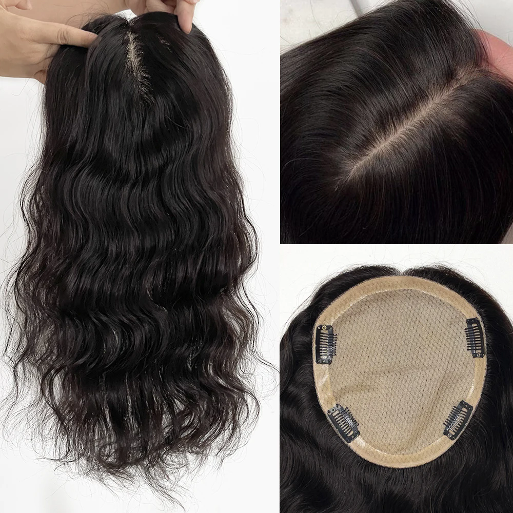 15x16cm Silk Skin Base Virgin Human Hair Women Topper Loose Wave Hair Free Part Natural Scalp Top Crown Topper for Thinning Hair black brown