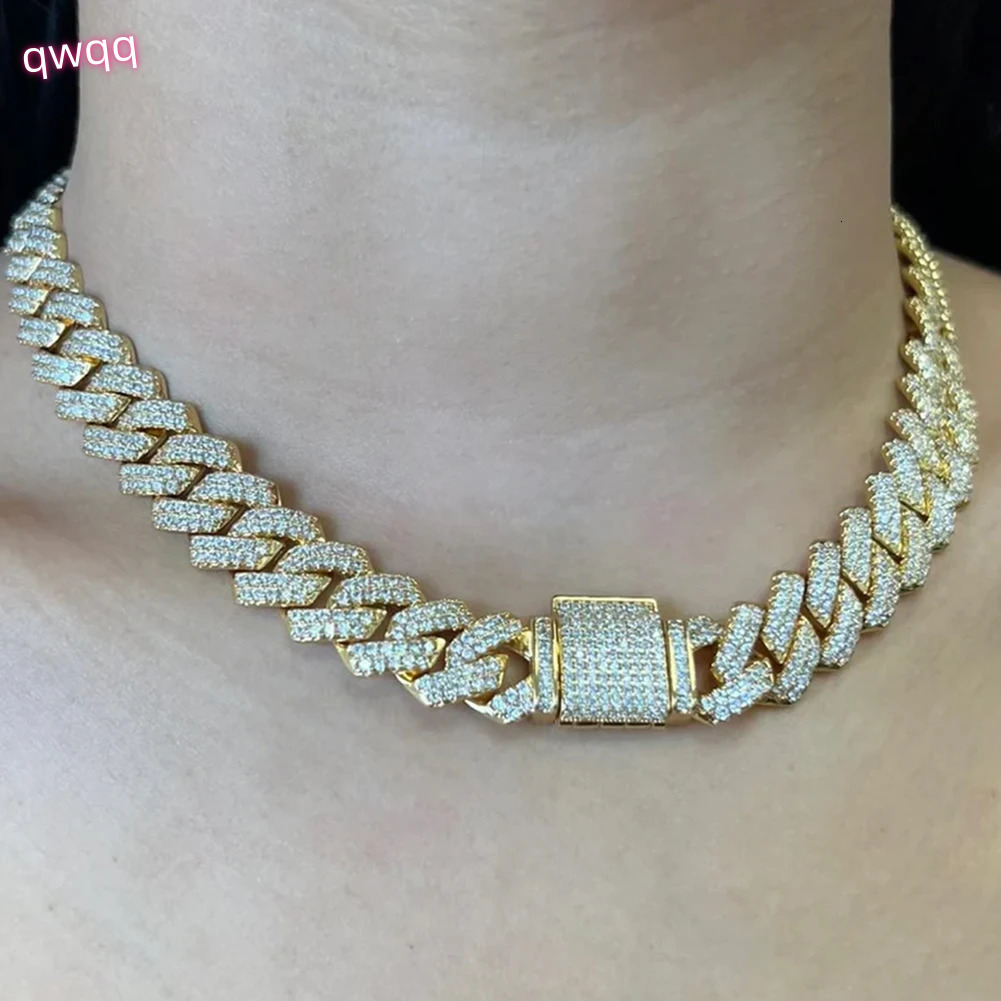 Gold Color Rhinestones Paved Prong Miami Cuban Link Chain Necklace For Women Men Iced Out 2 Row Rhombus Cuban Chain Gift Jewelry