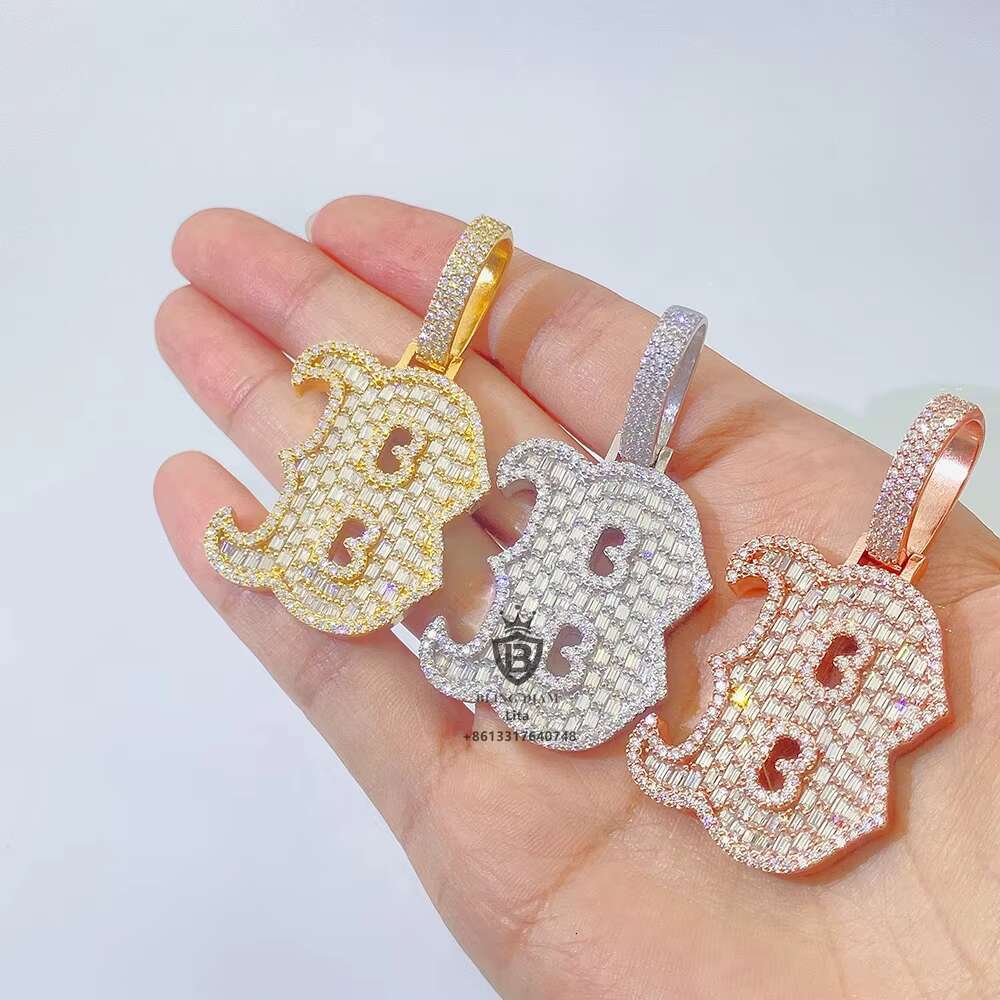 Fine Jewelry Fashion Iced Out baguette Big Letter B Hip Hop Moissanite Diamond Initial Pendant