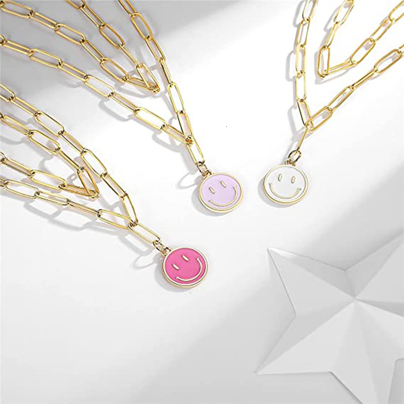 Top Source Gold Stainless Steel Rectangular Chain Colorful Smiling Face Pendant Women's Necklace Jewelry