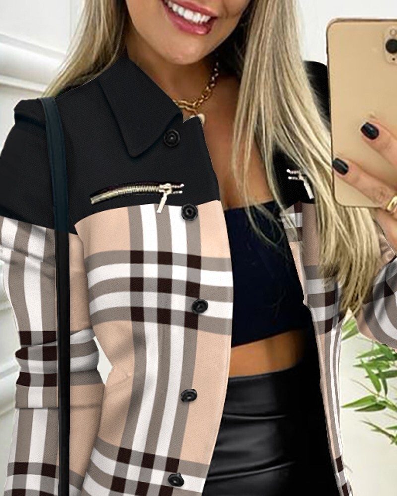 2022 autumn and winter long sleeved zipper color blocked printed lapel jacket for women