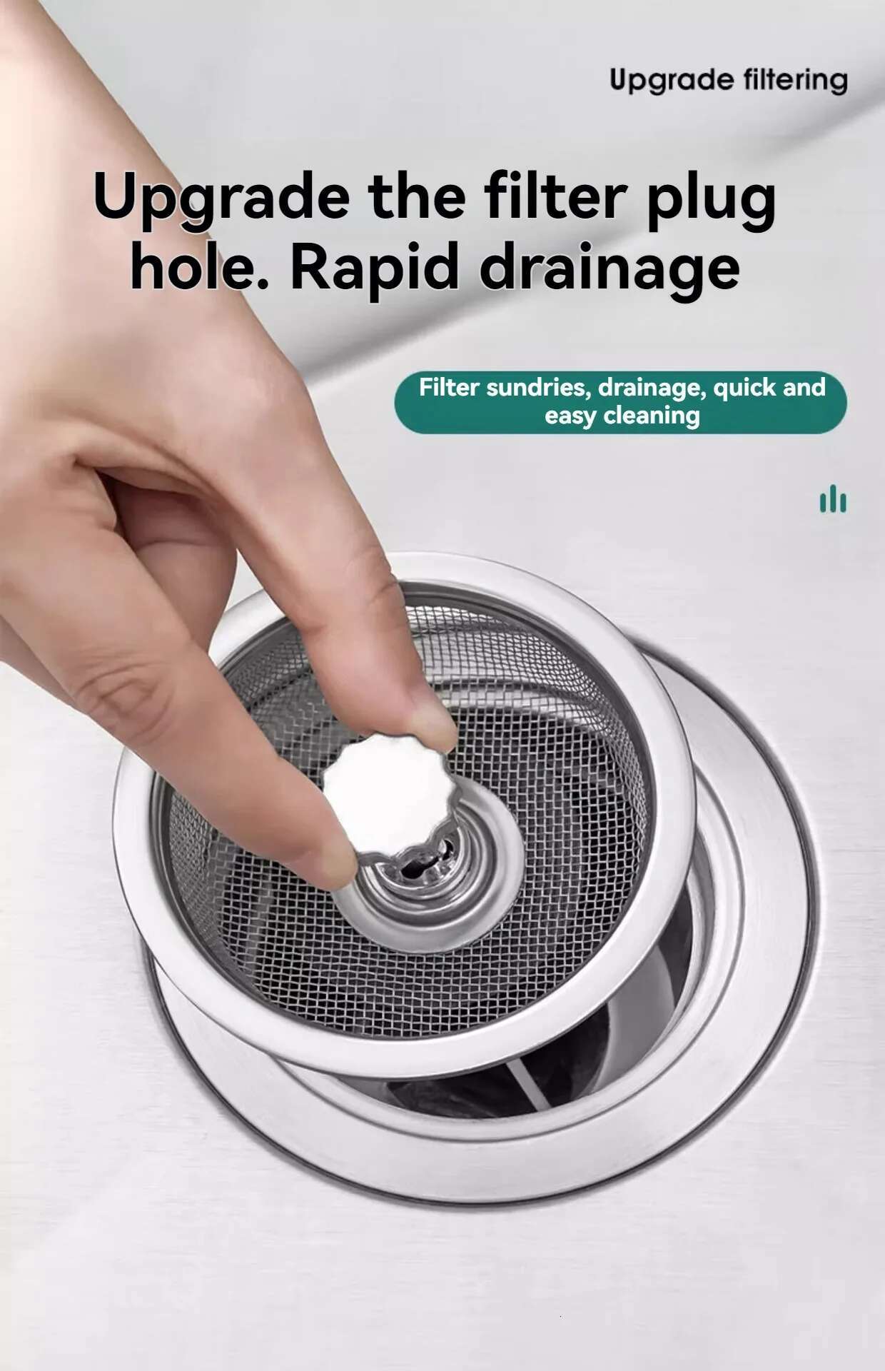 Update 2Set Kitchen Sink Strainer With Handle & Stopper Replacement Drain Basket Stainless Steel Mesh Filter Waste Hole